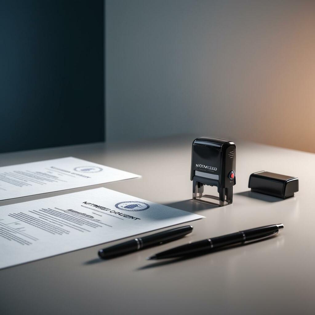 Notarized contract documents with official seal, rubber stamp, and pens on a minimalist desk. #notary #legal #contract #documents #seal #stamp