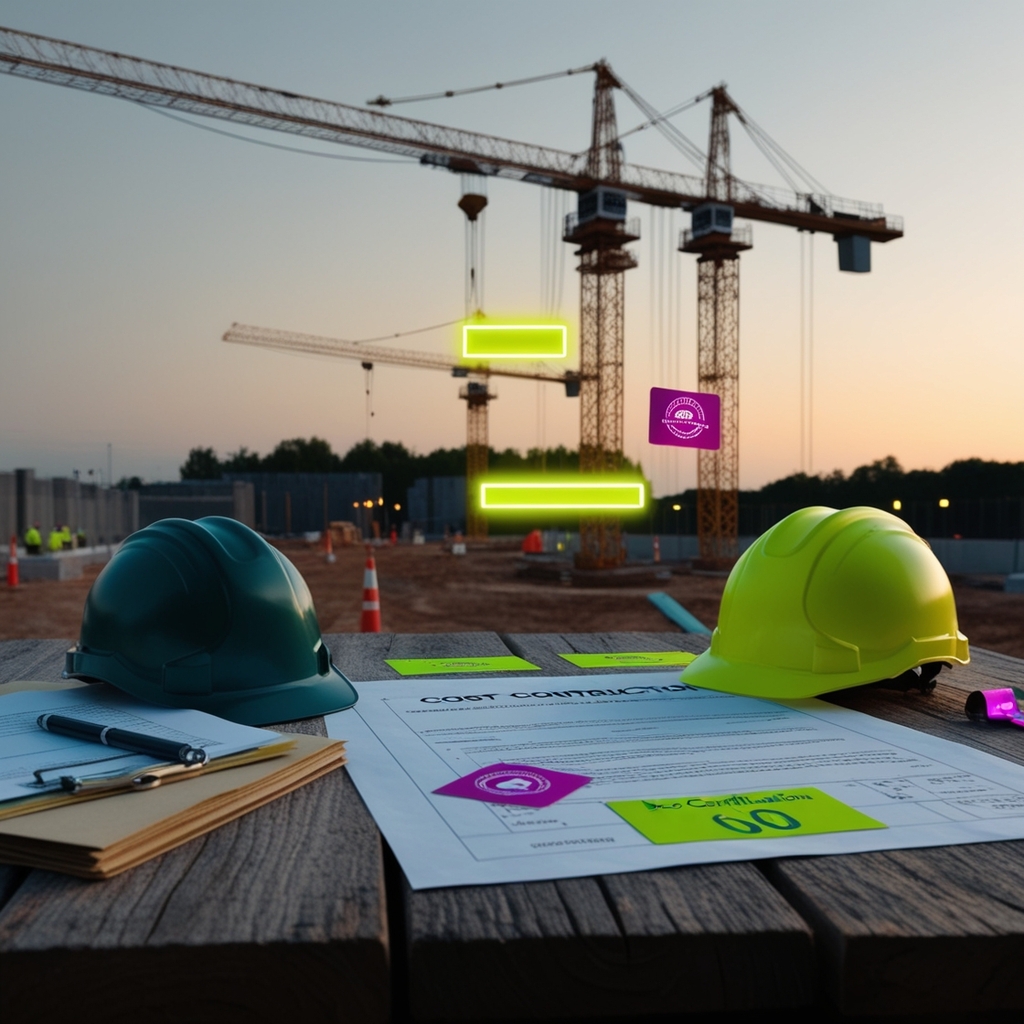 Construction management: Reviewing cost contracts and safety certifications at a building site. Hard hats, blueprints, and cranes visible at dusk. #construction #realestate #development #projectmanagement #safety
